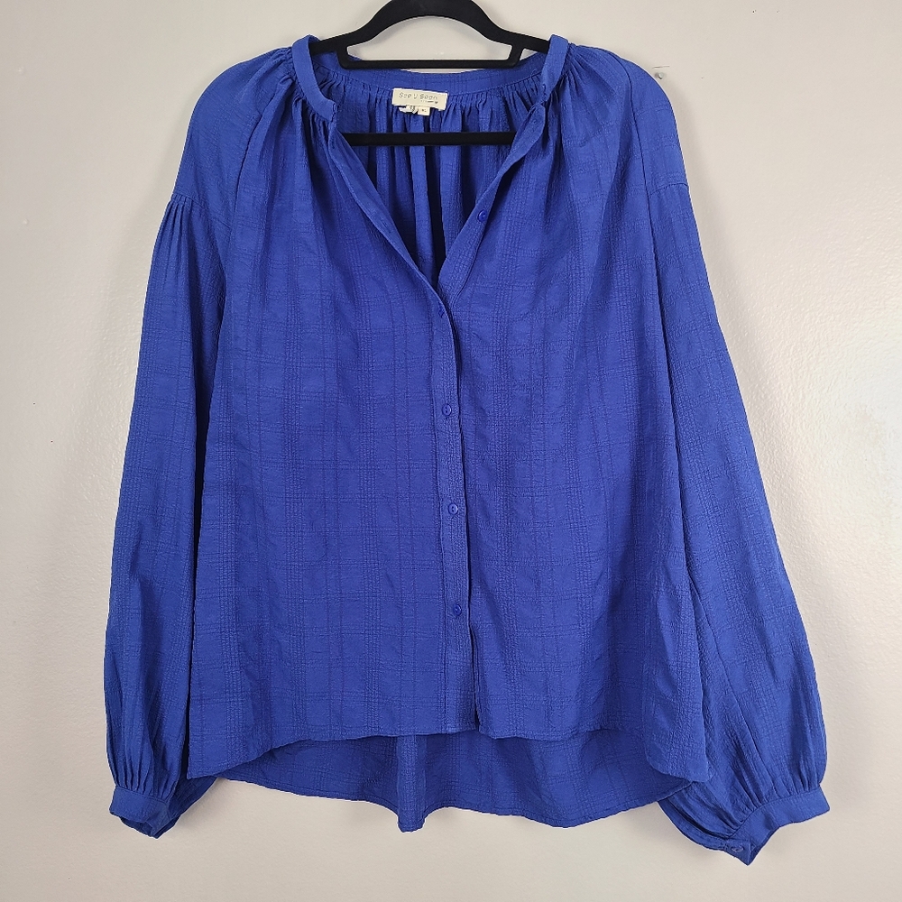 Anthropologie See You Soon Royal Blue Button Down Blouse Puff Billowy Sleeves XL